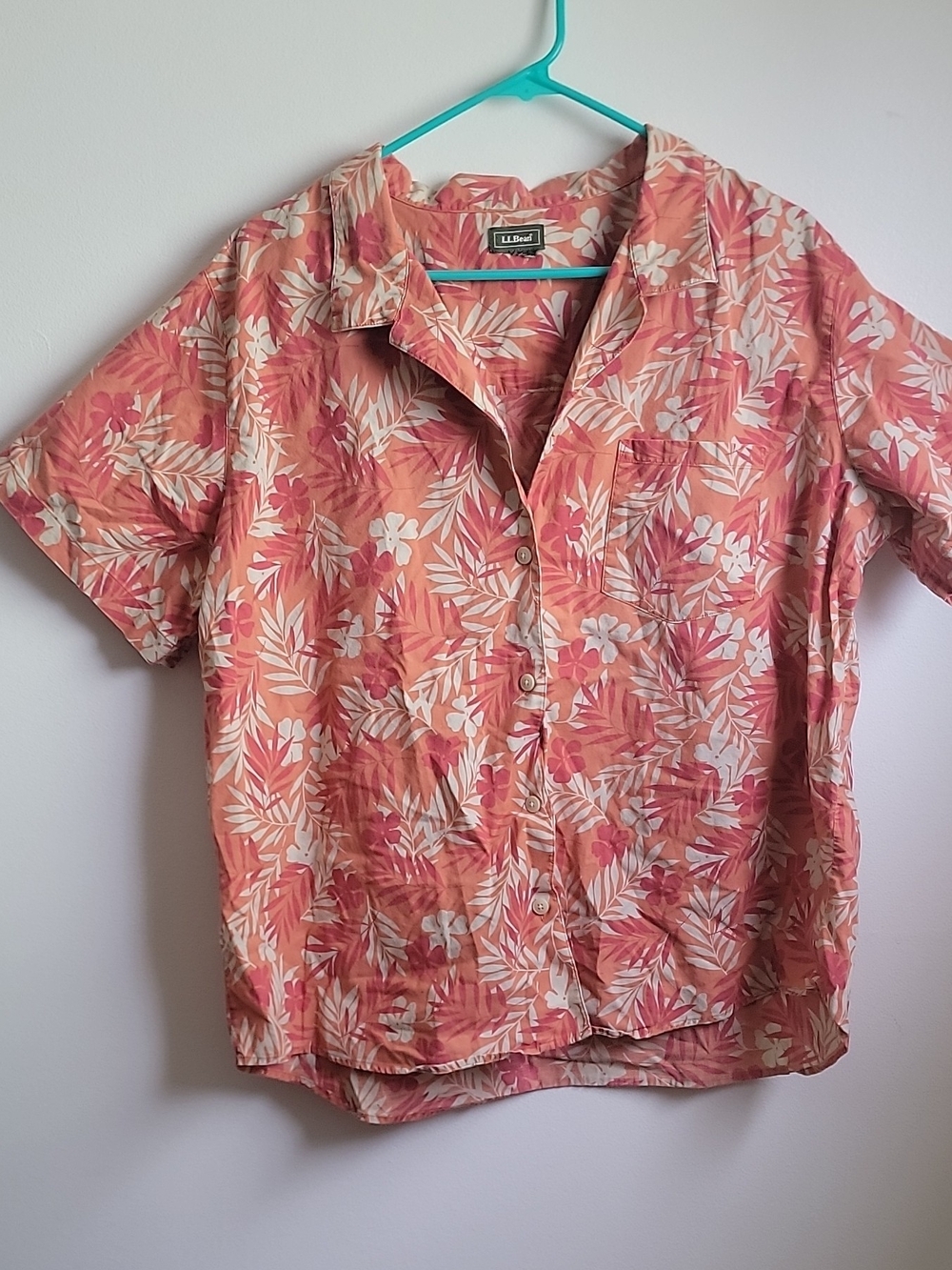 L.L. Bean Pink and Coral Floral Short-Sleeve Button-Down Shirt